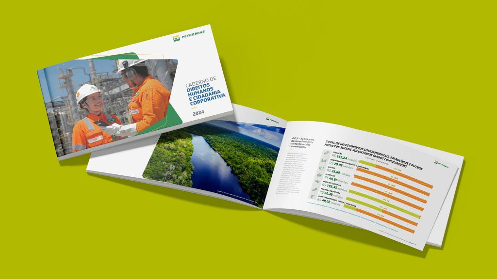 Capa, infográficos e páginas Internas do Relatório Petrobras e Caderno de Direitos Humanos - Estúdio Thapcom