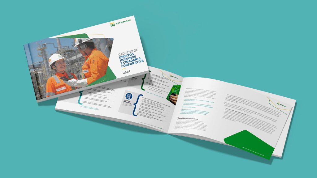 Capa e páginas do Relatório Petrobras e Caderno de Direitos Humanos - Estúdio Thapcom