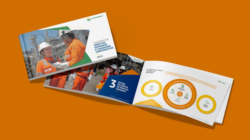 Capa e infográficos do Relatório Petrobras e Caderno de Direitos Humanos - Estúdio Thapcom