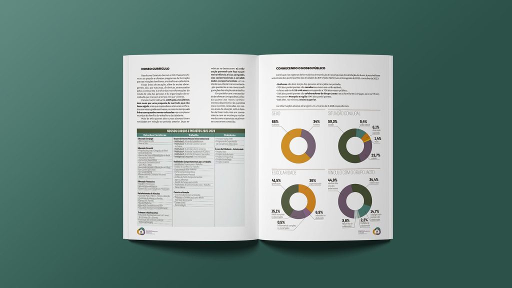 Tabelas e gráficos nas Páginas internas do Relatório de Impacto Social IDF - Design Estúdio Thapcom